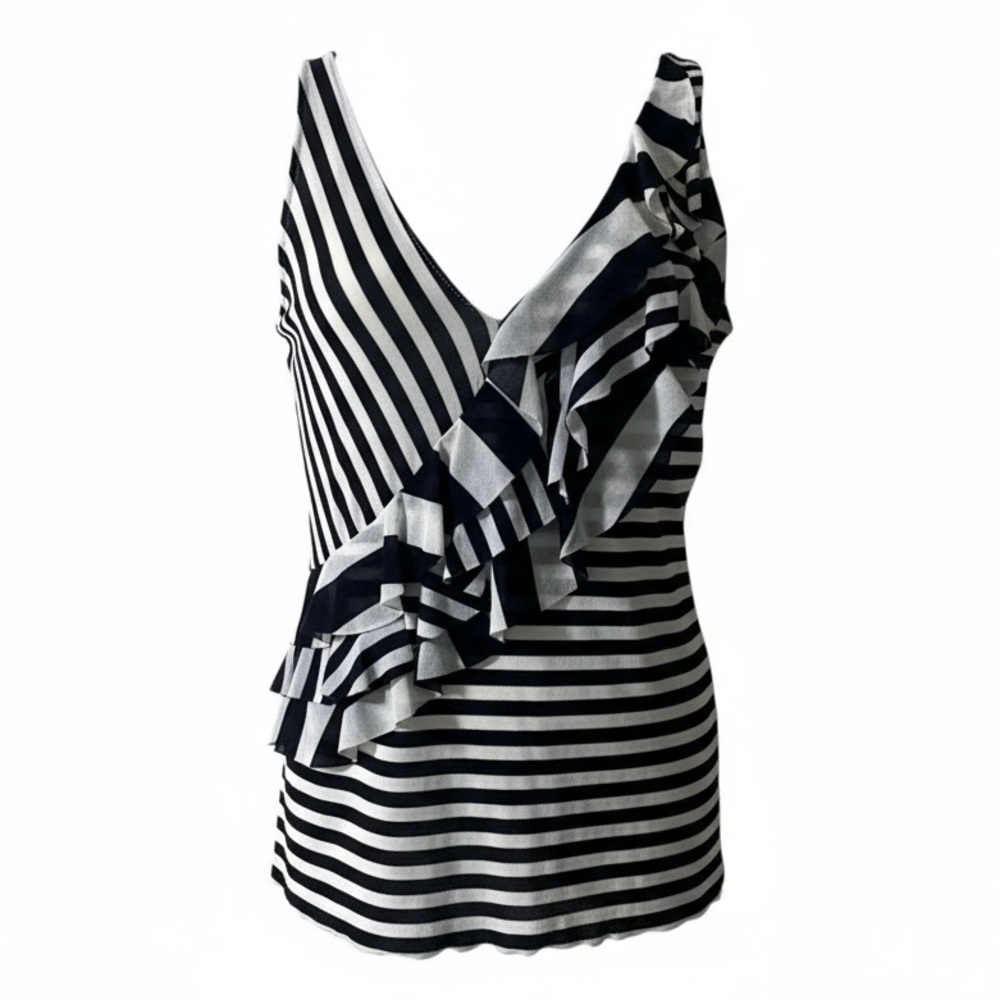 Georges Rech Top Size 3 XS Small Stripes Navy Blue Asymmetrical Ruffle Mesh Knit